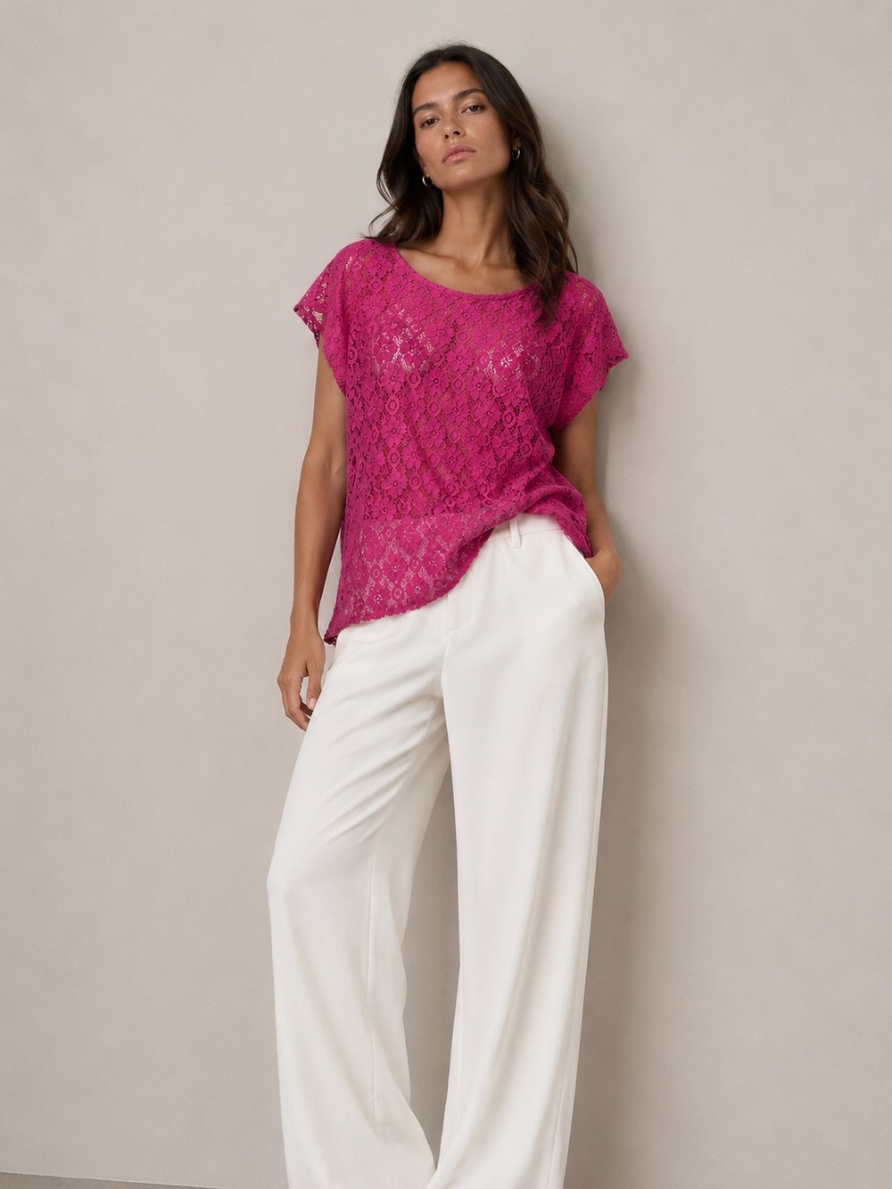Stylus pink crochet lace flower design shirt
